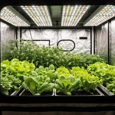 Modern indoor grow tent with thriving plants