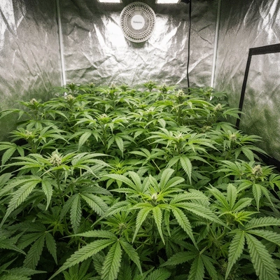 Healthy green plants inside a grow tent with visible airflow from a fan