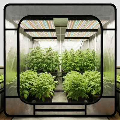 Indoor grow tent kit with plants inside