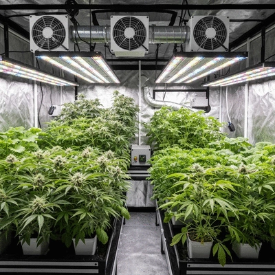 Indoor garden setup with various plants in a grow tent, no text, no words, no typography, clean image