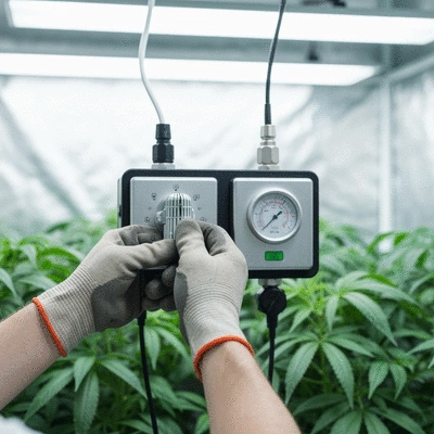 Gardener adjusting environmental controls in a grow tent