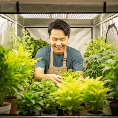 Person happily tending to vibrant plants inside a budget-friendly grow tent, warm indoor setting, no text, no words, no typography, clean image