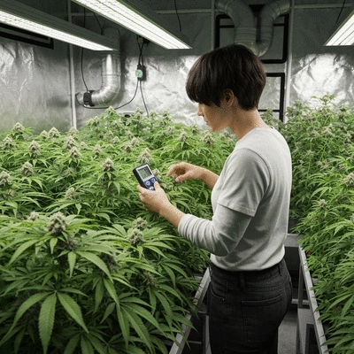 Person inspecting healthy plants inside a grow tent with a thermometer and hygrometer