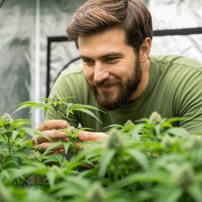 Person inspecting healthy green plants in a grow tent