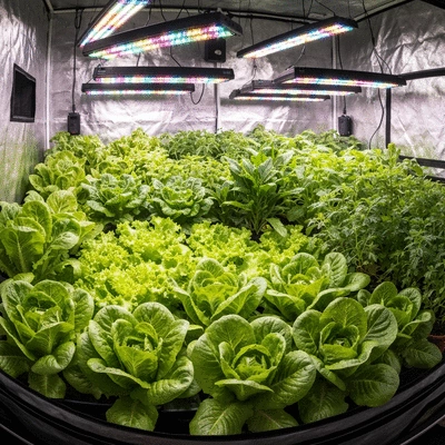Indoor garden with various plants thriving under grow lights