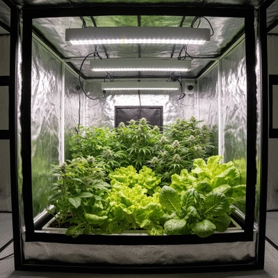 Modern grow tent with lush green plants inside, controlled environment, soft lighting