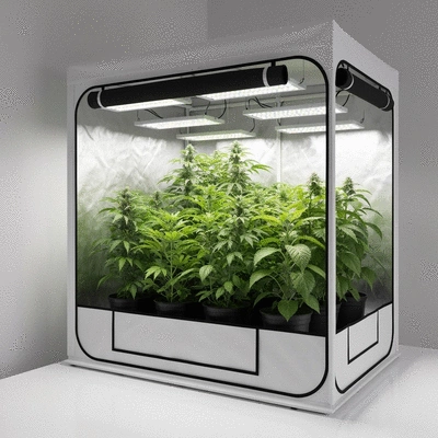 Indoor grow tent with green plants under LED lights