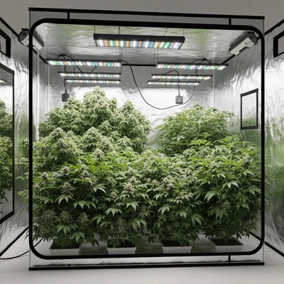 Indoor grow tent with green plants inside, controlled lighting, modern setup