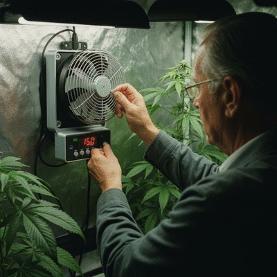 Hand adjusting a grow tent fan speed controller