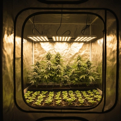 Close-up of a grow tent's environmental control panel and fan with green plants in background