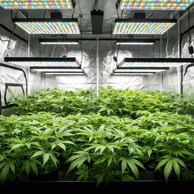 Modern grow tent interior with thriving green plants