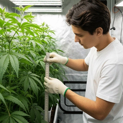 Person measuring a plant inside a grow tent with a ruler