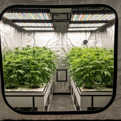 Modern grow tent interior with thriving plants and LED lights