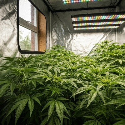 Modern indoor grow tent setup with vibrant green plants under LED lights