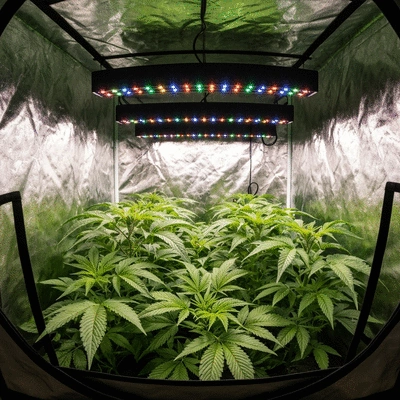 Indoor grow tent with reflective interior, green plants, and grow lights