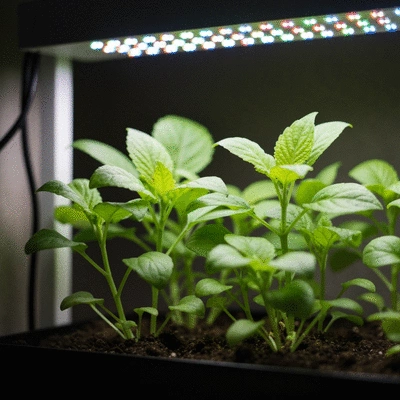 Indoor plants thriving under an LED grow light, showing vibrant green leaves