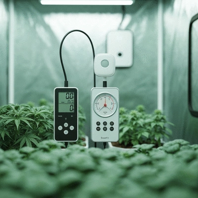 Environmental monitoring tools for a grow tent, digital thermometer and hygrometer, smart sensor, clean image