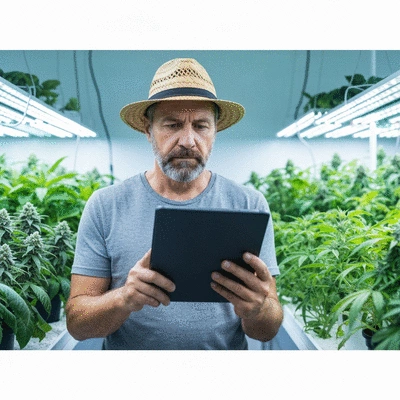 A gardener reviewing a personalized dimming schedule on a tablet, with plants in the background