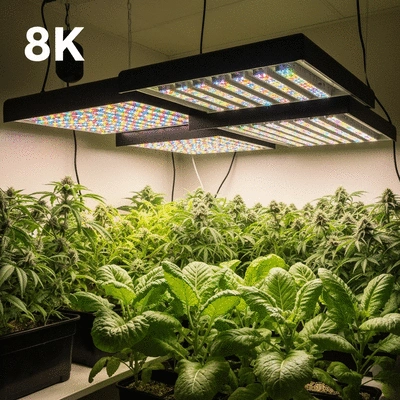Indoor grow setup with various leafy green plants under LED grow lights, showcasing healthy growth