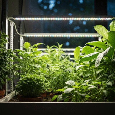 Indoor garden with energy-efficient LED grow lights illuminating thriving plants, no text, no words, no typography, 8K