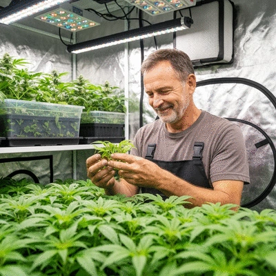 Experienced gardener inspecting plants inside a durable grow tent, advanced lighting, no text, no words, no typography