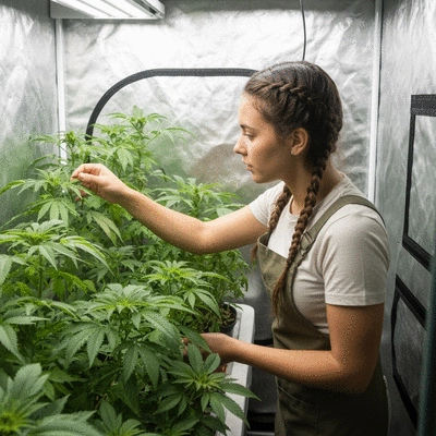 Indoor gardener checking on plants in a small grow tent