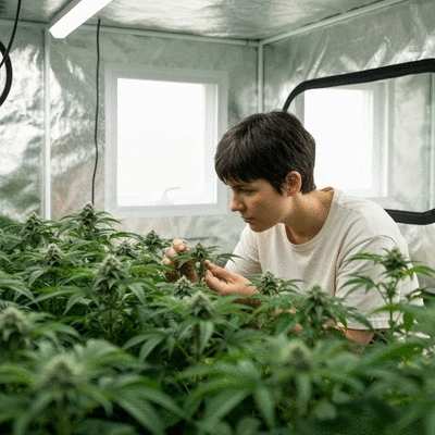 Person inspecting healthy plants inside a grow tent, demonstrating careful indoor gardening