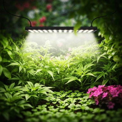 Full spectrum grow light illuminating a variety of lush plants in an indoor garden