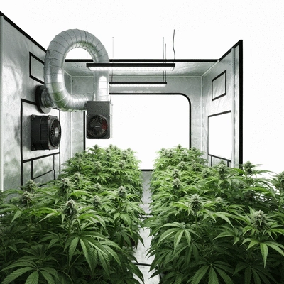 Indoor grow tent with green plants and visible ventilation system