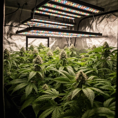 Modern grow tent interior with thriving green plants under LED grow lights