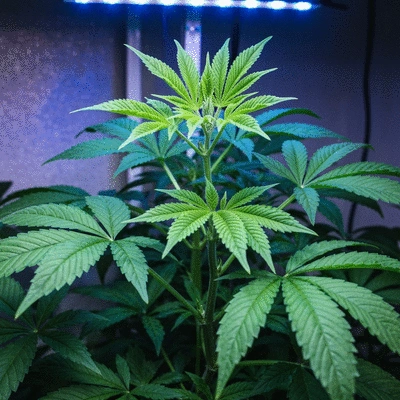 Close-up of a vibrant green plant under a blue grow light, showing healthy leaf development