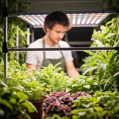 A gardener tending to various plants under a grow light in a modern indoor garden setup