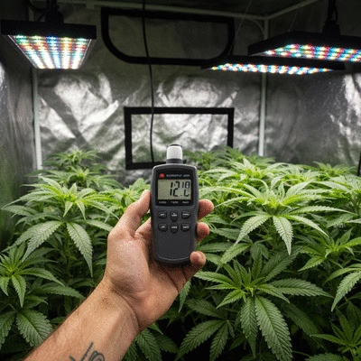 Hand holding a light meter inside a grow tent near plants