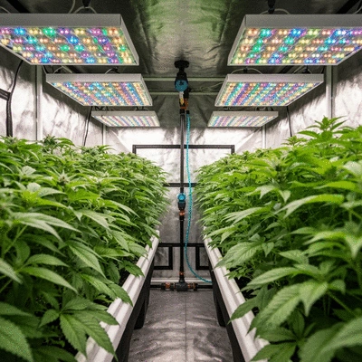 Modern grow tent interior with thriving plants, LED lights, and automated irrigation system