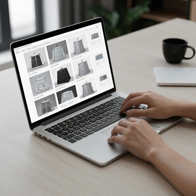Person browsing grow tents on a laptop for online purchase