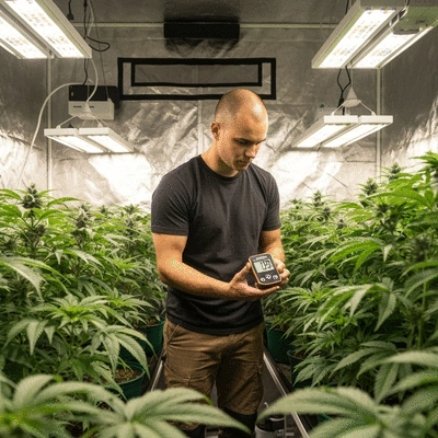 Person inspecting plants inside a grow tent with a hygrometer