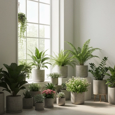 Indoor garden setup with various plants in different pots