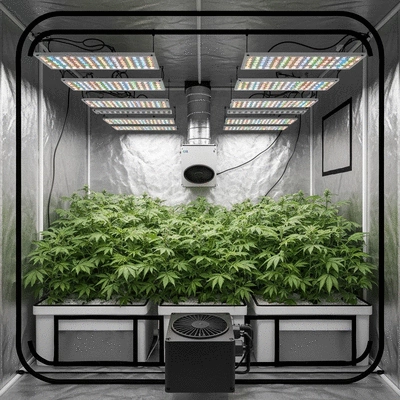 Indoor grow tent with lush green plants inside, controlled lighting, and ventilation system