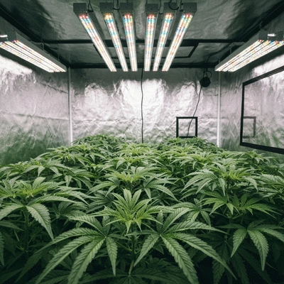 Interior of a modern grow tent with lush green plants under LED grow lights