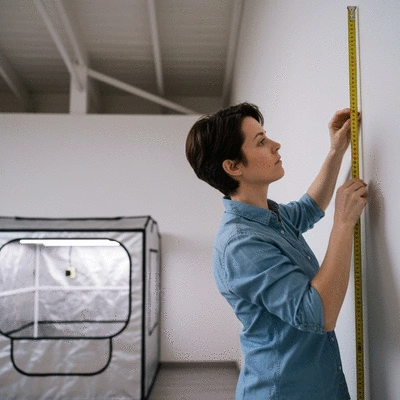 Person measuring space with a tape measure to select a grow tent
