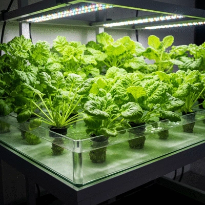 Hydroponic system with plants and LED grow lights