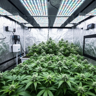 Modern grow tent interior with thriving plants under LED lights, no text, no words, no typography, clean image