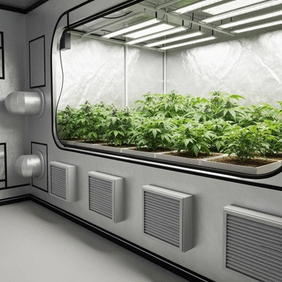 Indoor grow tent with passive ventilation system, showing lower air intake vents and plants inside