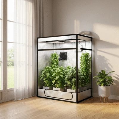 Modern budget grow tent set up in a home environment with lush green plants inside, soft natural light, no text, no words, no typography, clean image