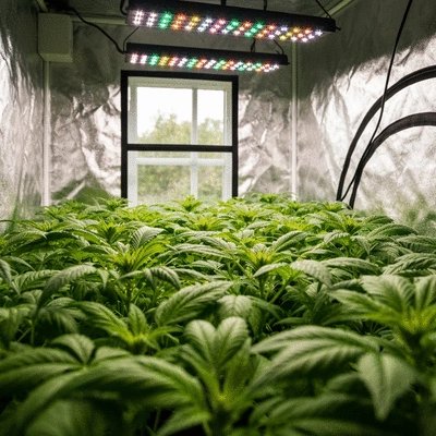 Interior of a modern grow tent with reflective lining and plants