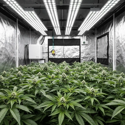 Modern grow tent interior with thriving plants under bright LED lights