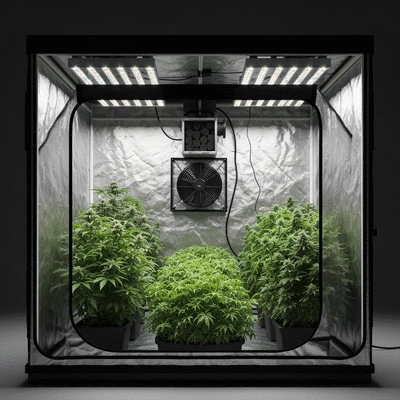 Indoor grow tent with green plants inside, controlled lighting, and ventilation system