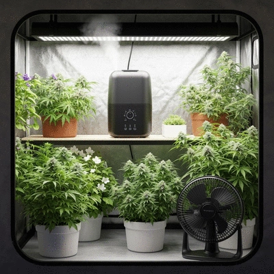 Modern indoor grow tent setup with various plants, a humidifier, and a fan