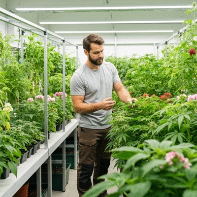 Indoor gardener checking on plants in an open grow space