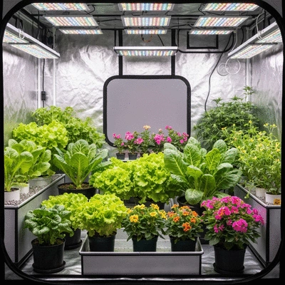 Various healthy plants of different sizes thriving inside a modern grow tent